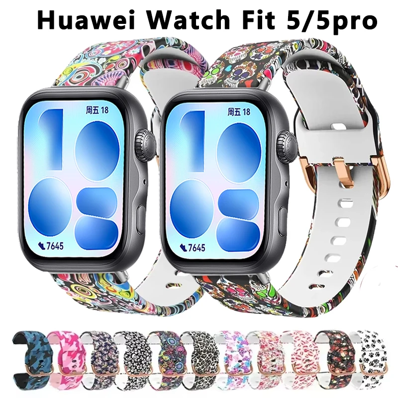 Flower Printing Strap for Huawei Watch Fit 5 4 3 Silicone Belt Correa Huawei Watch Fit 5 4 Pro Wristband Bracele with Connector