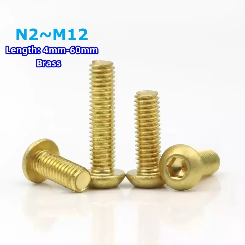 Solid Brass Button Head Screw M2 M2.5 M3 M4 M5 M6 M8 M10 M12 Pure Brass Hex Hexagon Socket Round Cap Head Screw Bolts