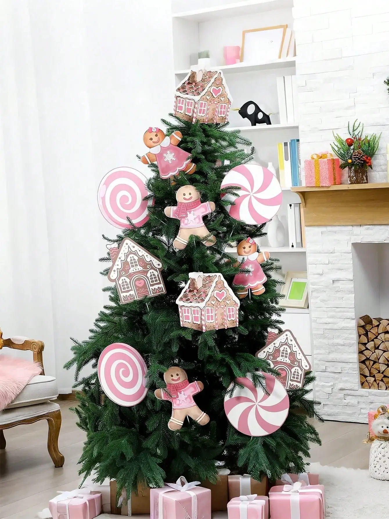 Adornos grandes para árbol de Navidad de pan de jengibre, color rosa, con palos, artículos bonitos, perfectos para decoraciones navideñas, 2/6 Uds.