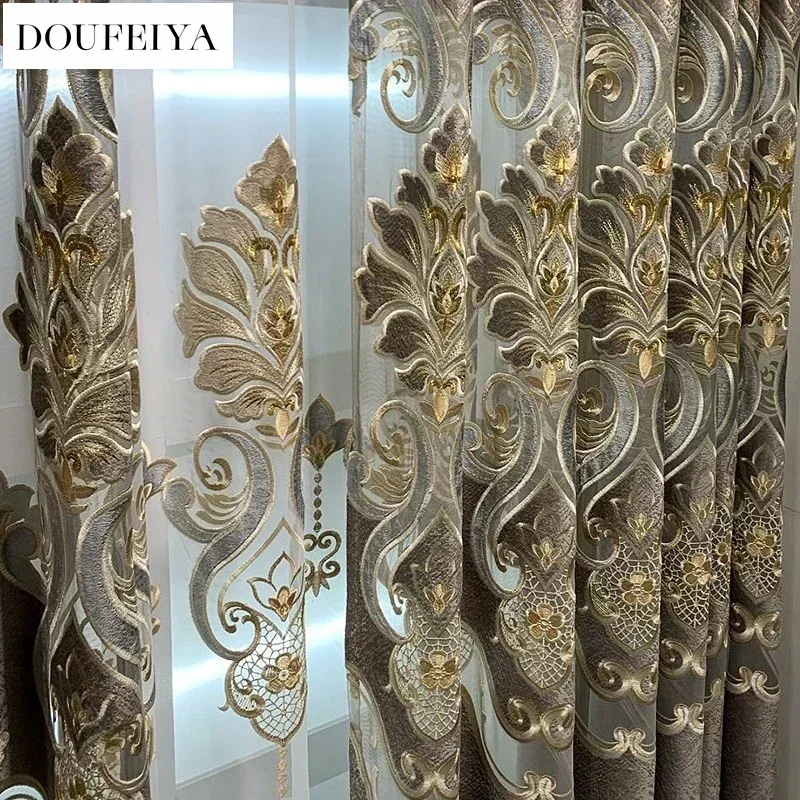 European Embroidered Grey Luxury Curtains for Living Room Bedroom Blackout Valance Window Screening Villa Decor Tulle Custom