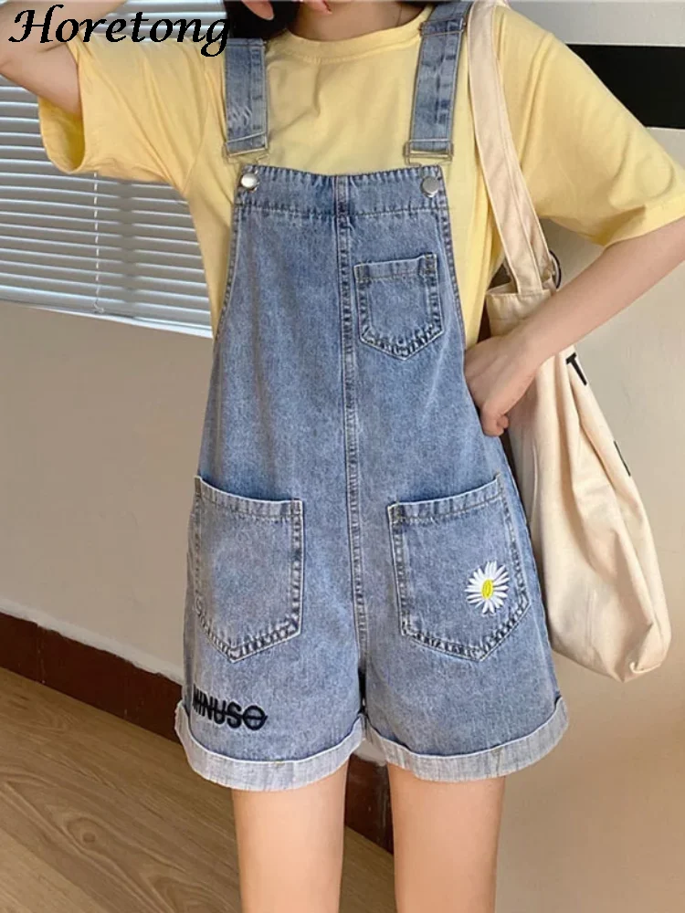 Horetong-Letter Flower Embroidery Denim Shorts for Women, Loose Rompers Thin Wide Leg Pants,Casual Summer Jumpsuit Korean Fashio