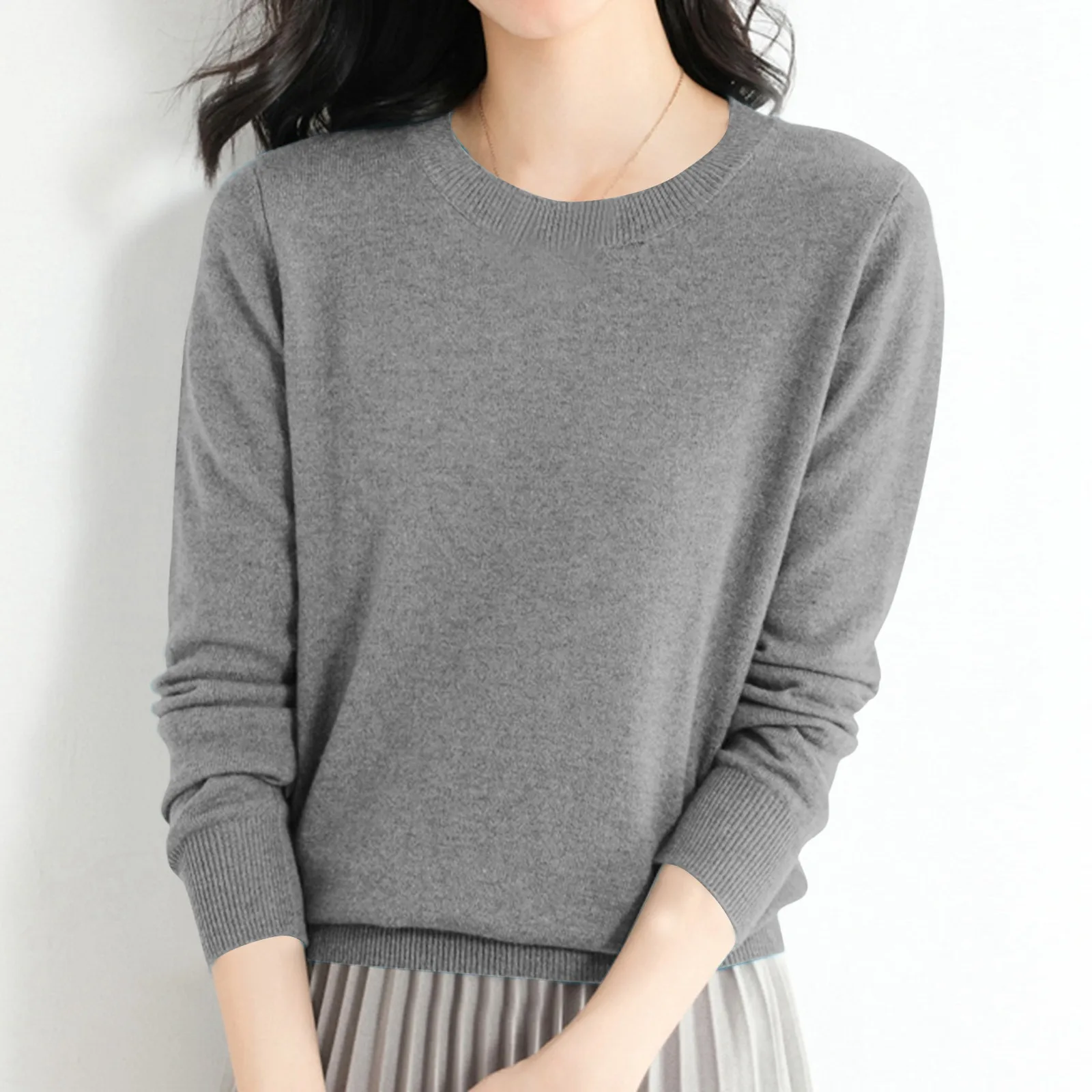 Women's Solid Colour Pullover Sweater Women's Casual Low Neck Round Neck Sweater Knitwear Winter Loose Bottom Pullover Sweater