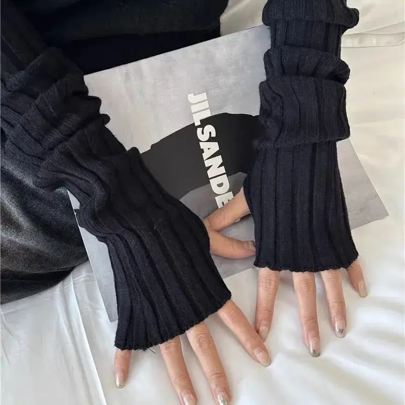 Autumn/Winter Warm Flat Knitting Arm Sleeve Ins Style Fashion Simple Solid Color Lengthened Arm Sleeve Hand Protection Gloves