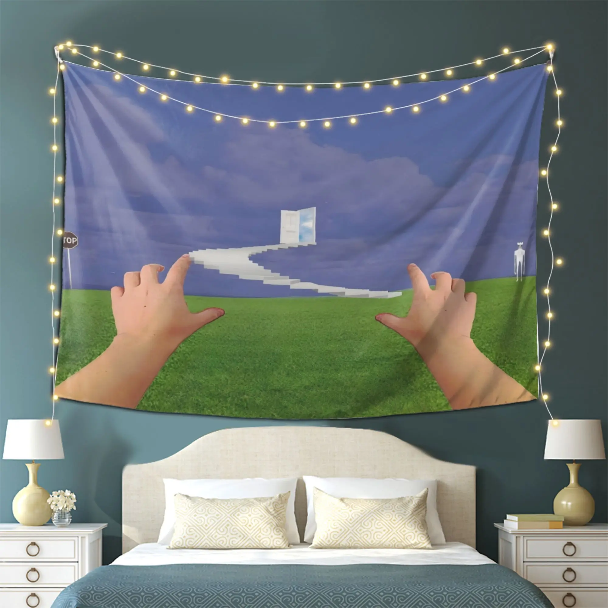 Surreal Psychedelic Tapestry, Green Field, Clouds, Abstract Background, Fabric, Subculture, Dormitory, Bedroom, Hanging Fabric