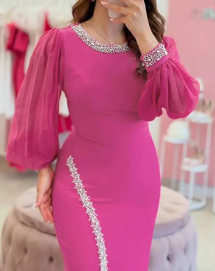 

Pearls Decor Sheer Chiffon Lantern Sleeve Slit Evening Dress Slim Fit Women's Party Dress