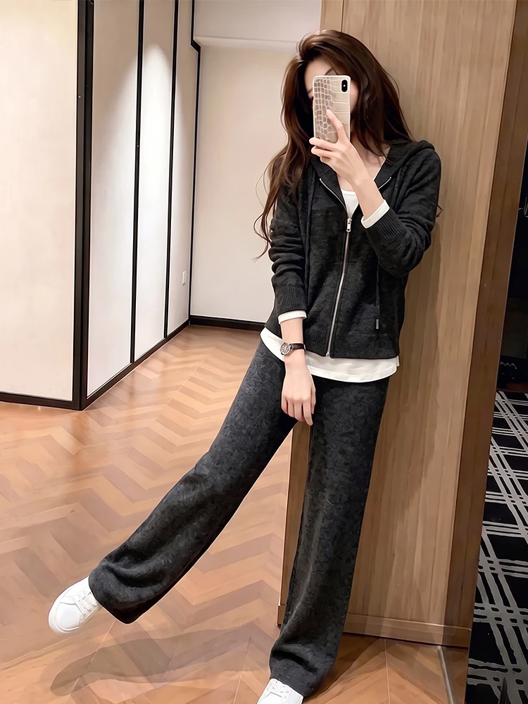 Casual Knitted Two-Piece Set Women's Spring Autumn New Style Hoodie Sweatshirt Drape Wide Leg Pants Ensemble Breathable