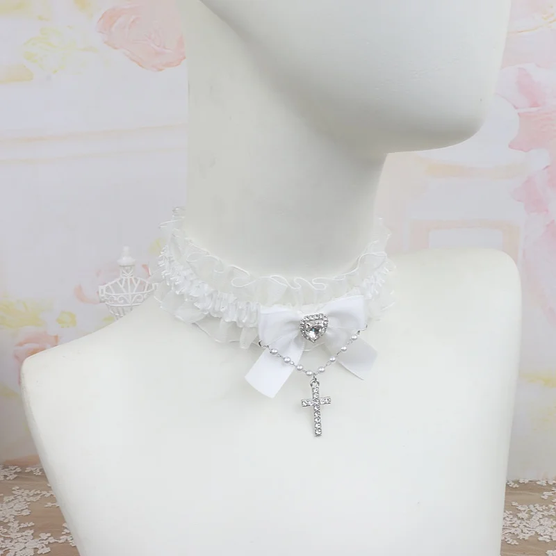 

Original Japanese Mines Mass-produced Ruffled Edge Bow Bead Chain Rhinestone Cross Collar Women's Sweet Cool Lolita Accessories