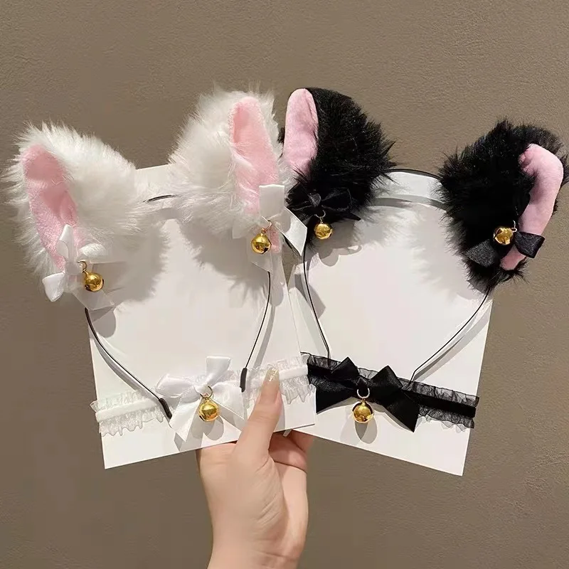 Bandeau oreilles de chat renard avec nœud papillon pour femmes, collier en dentelle, cloche en peluche, bandeau Lolita Cosplay, mascarade, accessoire pour cheveux de fête