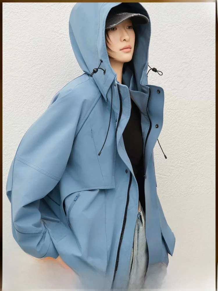 

MeiYang Blue Ocean Waterproof Hooded Jacket Outdoor Adventure Resistant Women's Short Coat Polyester Fiber Long Sleeve Zipper