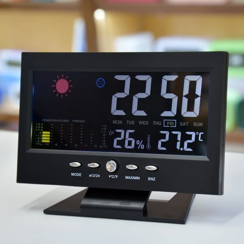 Smart Digital Desktop Clock with Weather Display, Temperature, Humidity, and Voice Control, LED Desk Clock with Calendar & Alarm