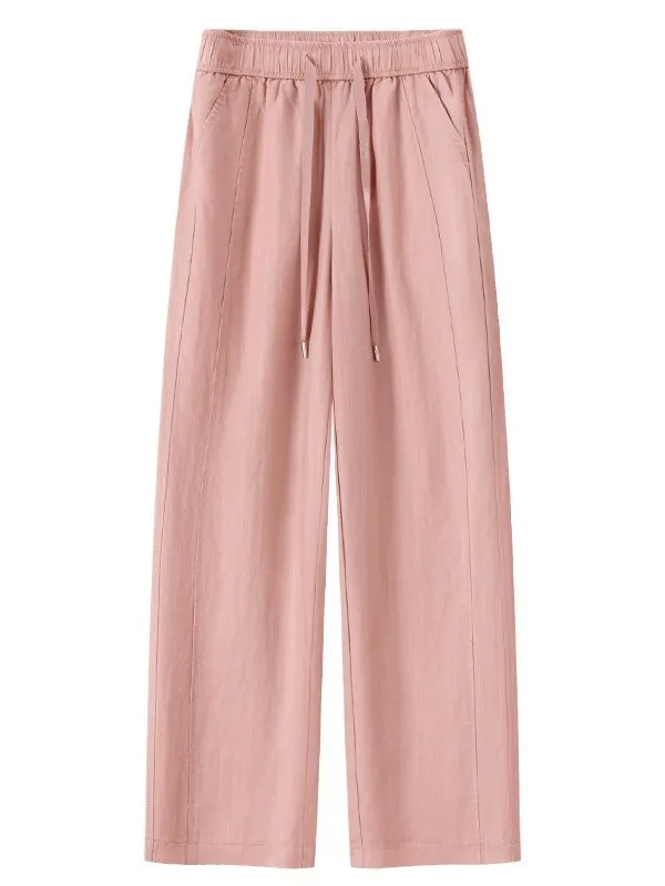   Pantalon à jambes larges en lin pour femmes, nouvelle collection été 2025, taille élastique fine, faux soie glacée, pantalon à jambes droites, décontracté, taille haute L...