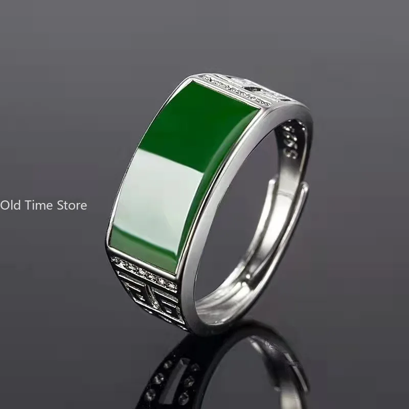 Real green natural hetian jade ring 925 sterling silver ring couple rings men women jewelry lucky stone jade finger ring