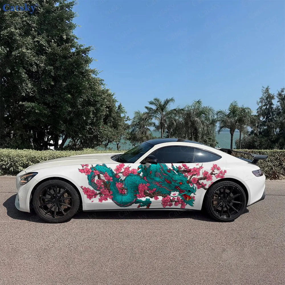 

2pcs Dragon And Flower Car Sticker Full Body Decal Decoration Scratches Protect Car Sticker Waterproof Car Vinyl Wraps