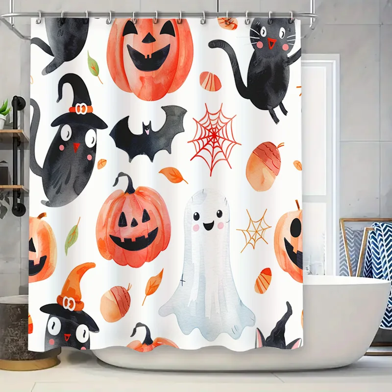 

Декор занавески для душа на тему Хэллоуина с моторошными тыквой, призраками, пауками летучих мышей идеально подходит для украшения ванной комнаты! # home-dec