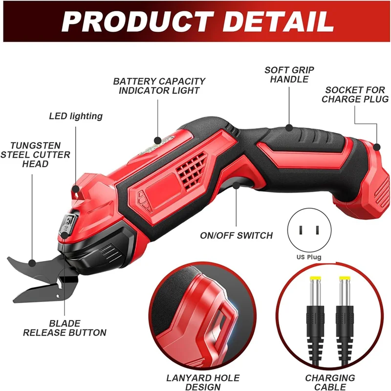 ABDJ-Tijeras eléctricas inalámbricas de 4,2 V con 2 cuchillas, tijeras de tela recargables, cortador de tela, tijeras eléctricas para coser enchufe estadounidense