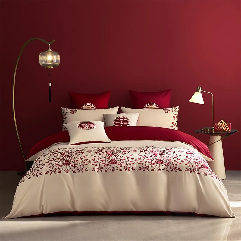 1000TC Long Staple Cotton Chic Embroidery Happiness Wedding Bedding Set Reversible Red Gold Duvet cover Bed Sheet Pillowcases