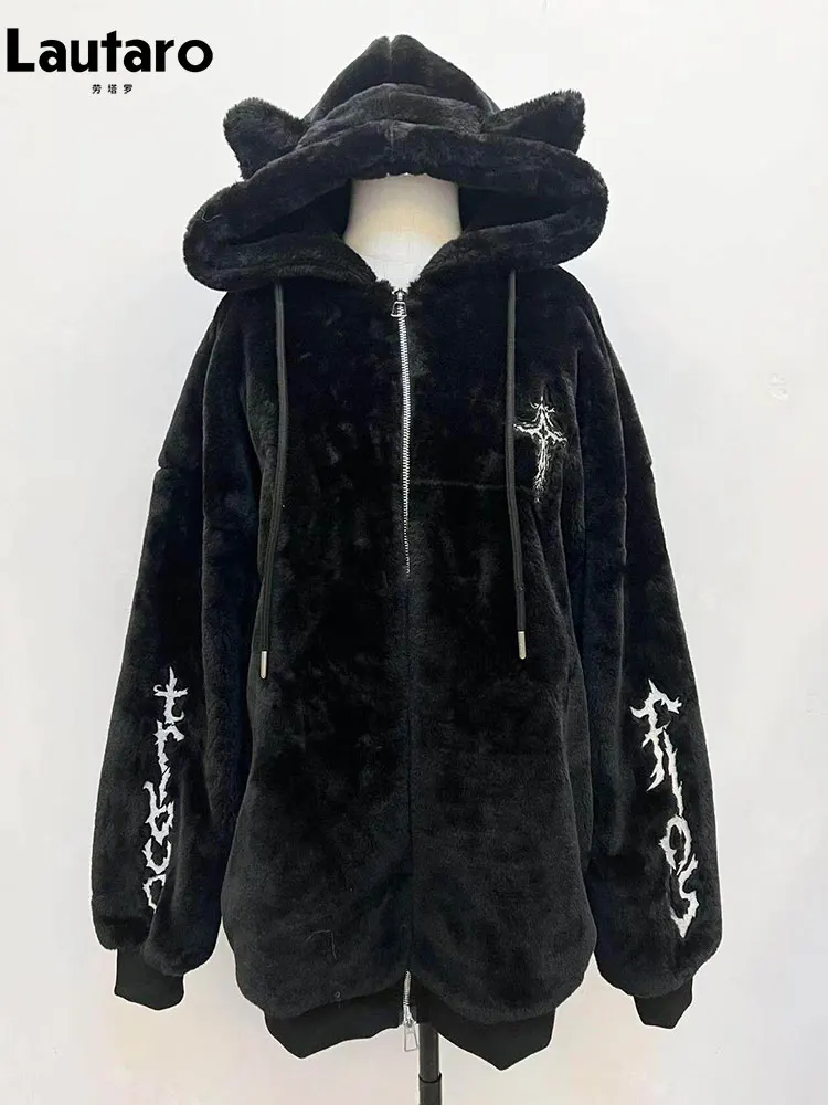 

Lautaro Autumn Oversized Sweet Cute Soft Black Faux Fur Coat Women with Cat Ears Zipper Kawaii Subculture Fluffy Jacket Hoodie