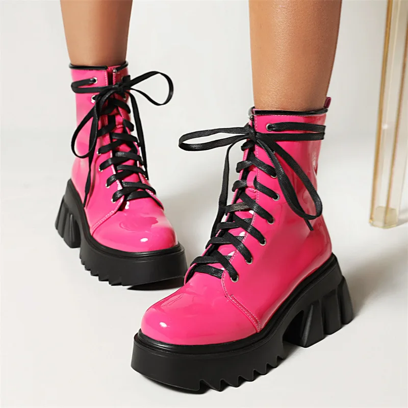 

Punk Style Front Lace-Up Motorcycle Boots High Heel Platform Heightening Slimming Knight Boots Low Leg Plus Size Women's Boots