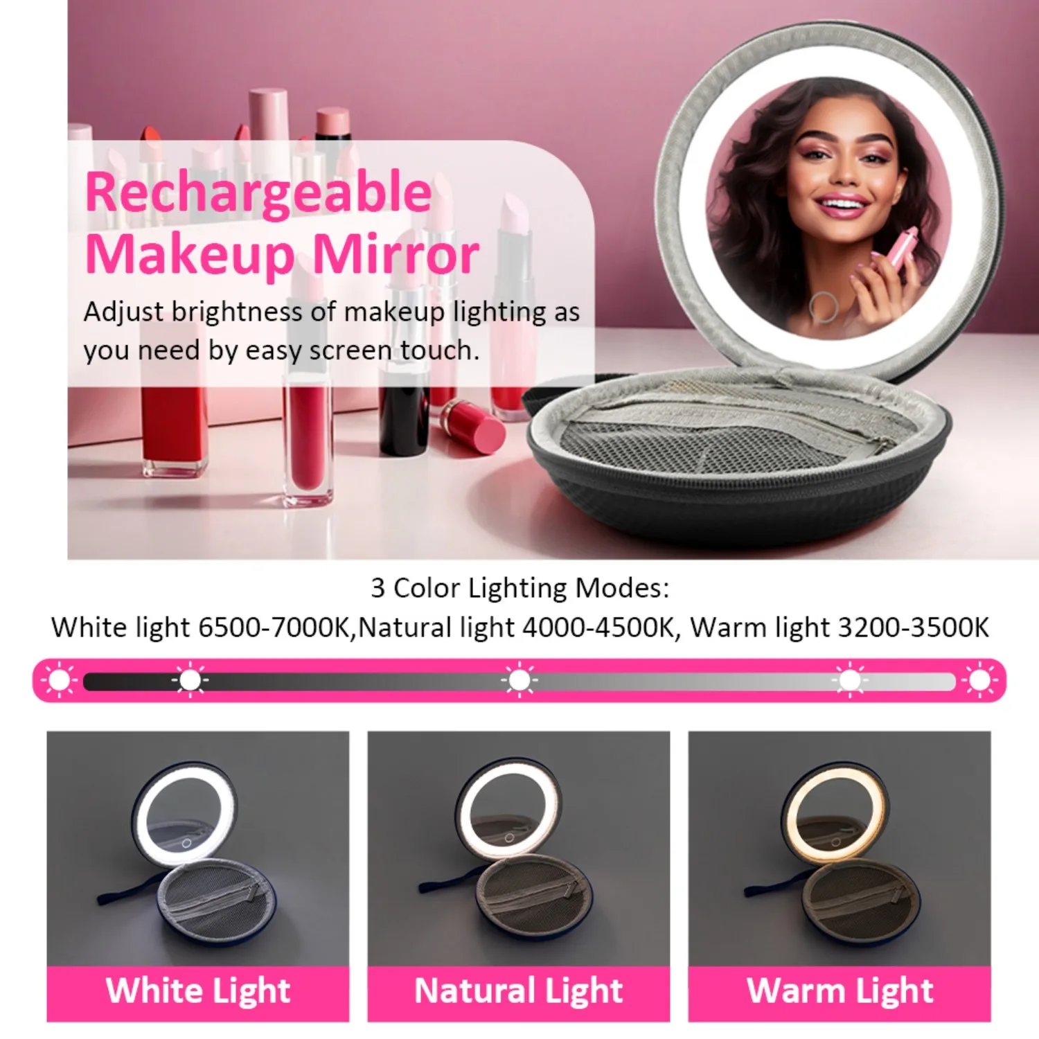 Portable Leather Makeup Mirror - Touch Dimming, Built-In Lipstick Storage, Rechargeable with Hanging Strap