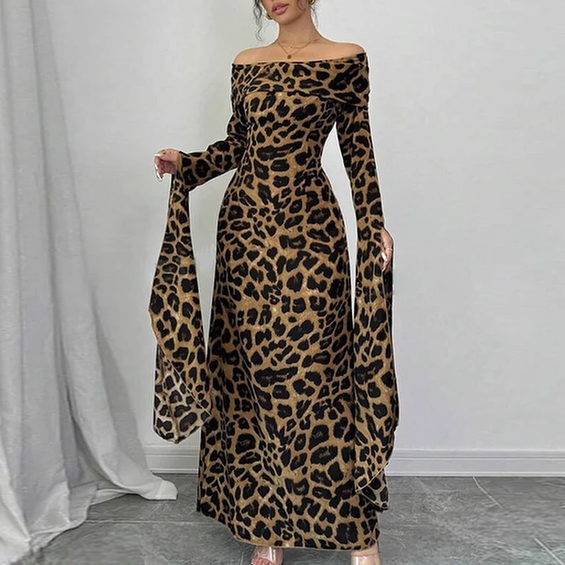 2024 Sexy Split Long Sleeve Slim Party Dress Women Fashion High Waist Bodycon Dress Elegant Slash Neck Leopard Print Long Dress