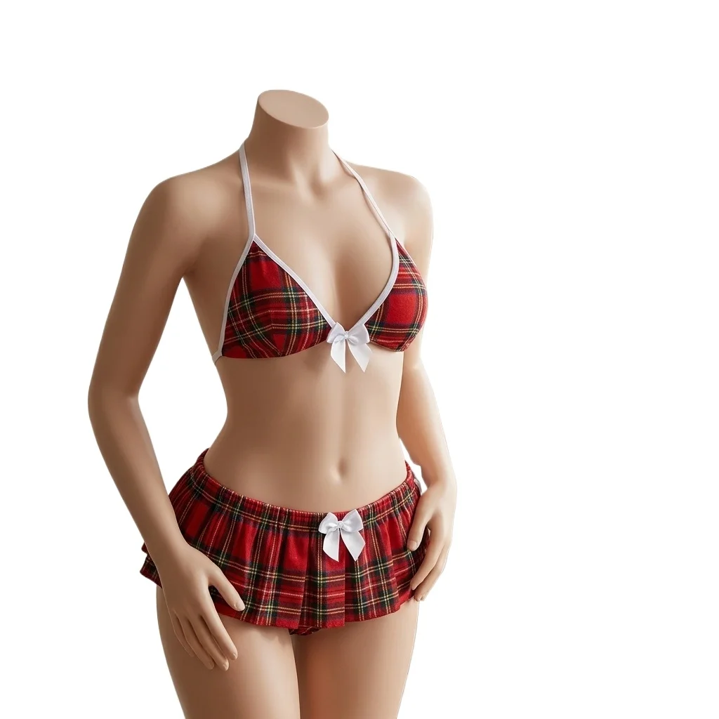 Schoolgirl Lingerie Set for Women Red Plaid Halter Bra with Bow and Pleated Mini Skirt Naughty Roleplay Costume for Valentine's