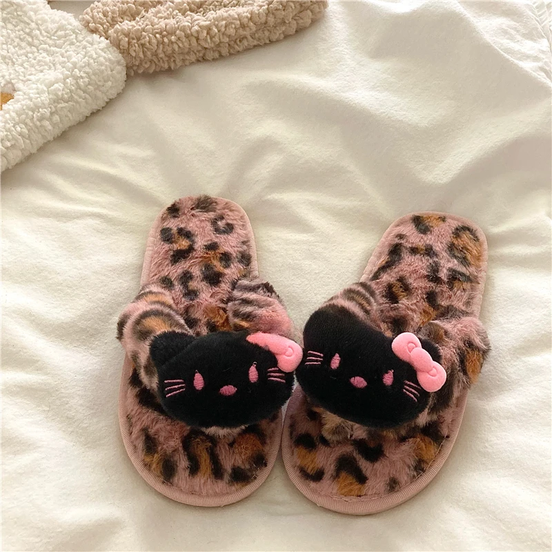 Hello Kitty Plush Slippers Fluffy Soft Indoor Y2k Leopard Flip Flops Bedroom Home Shoes Autumn Winter Cute Cartoon Warm Slippers