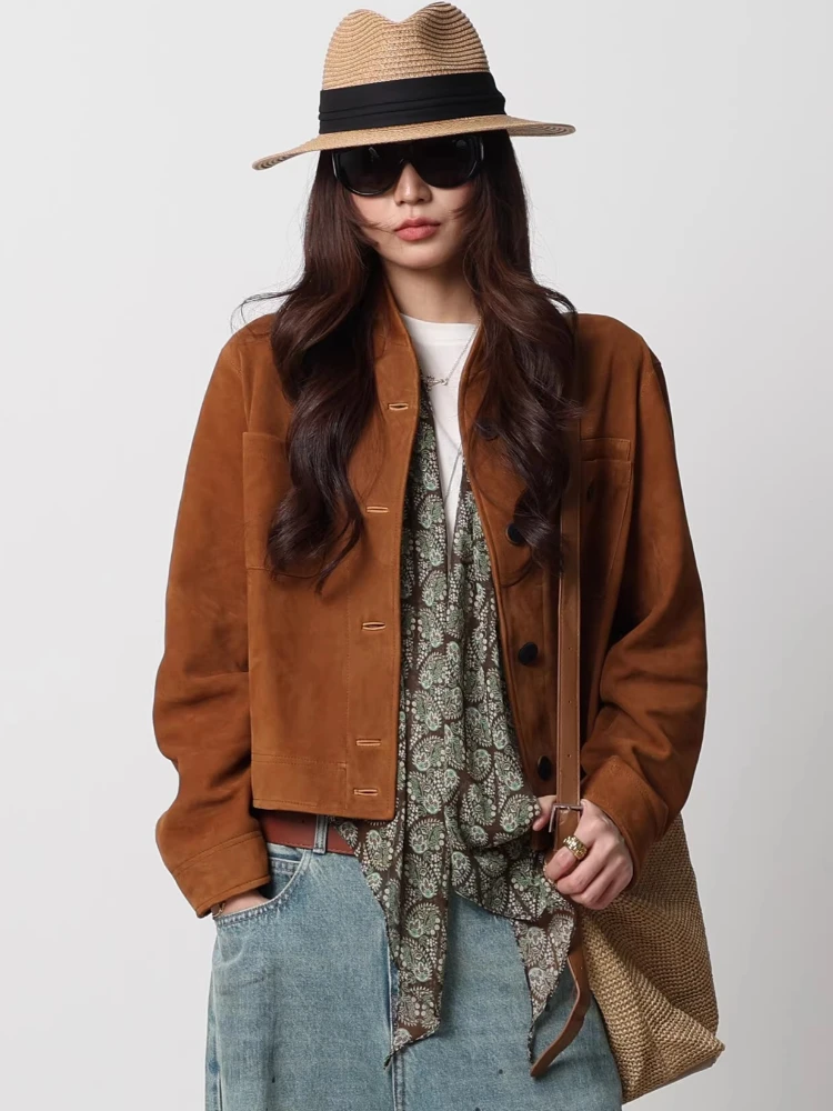

Vintage Cropped Genuine Leather Jackets for Women Spring Autumn High-end Simple Stand Collar Slim Real Sheepskin Suede Coat