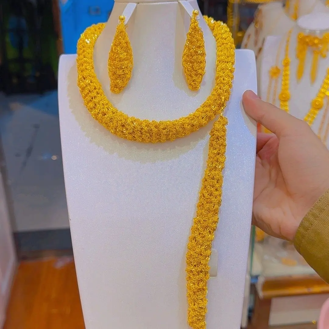 Dubai Middle East 24K Gold Plated Necklace Earrings Bracelet for Women's High End Wedding Party Gift Jewelry Set YY10562