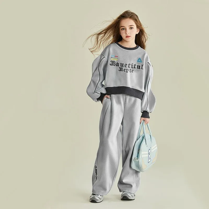 

Spring Autumn Girls Stylish Cotton Crop Alphabet Sweatshirt+Sweatpant Set School Kids 2PCS Tracksuit Children Outfit 5-16 Years