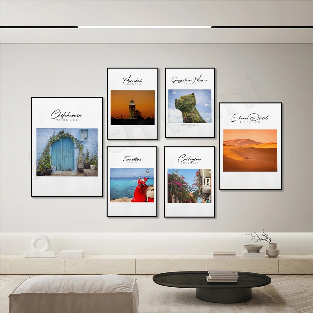 Cartagena - Colombia, Bilbao, Red Vespa in Formentera - Spain, Marrakech, Sunrise in Sahara desert - Morocco travel poster