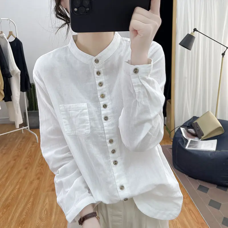 

2024 Women Spring Autumn New Stand Collar Cotton Shirt Female Long-sleeved Shirts Ladies Korean Loose Pockets Blouses J125