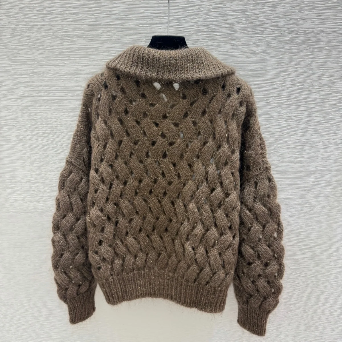 2026 High Quality Women's Coarse Thread Twisted Flower Hollow Zipper Knitted Jacket--26915161