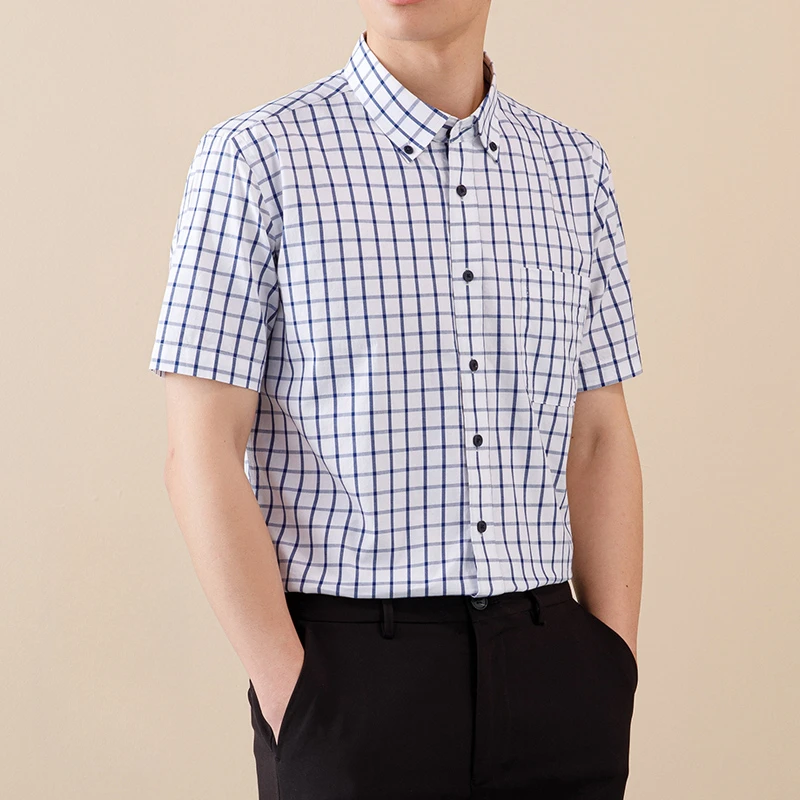 Fashion Korean popular clothes 100%cotton summer short sleeve shirts for men slim fit formal plain shirt designer plaid tops
