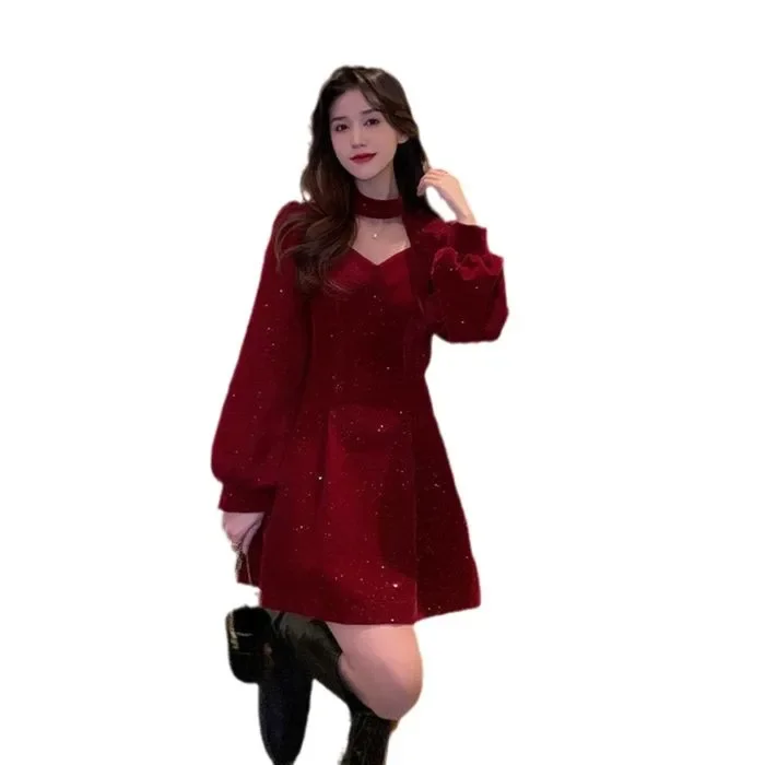 

Рождественское красное бархатное платье в стиле сестры, осень-зима, новый дизайн, мини-юбка Sensation, женское платье из полиэфирного волокна с длинным рукавом