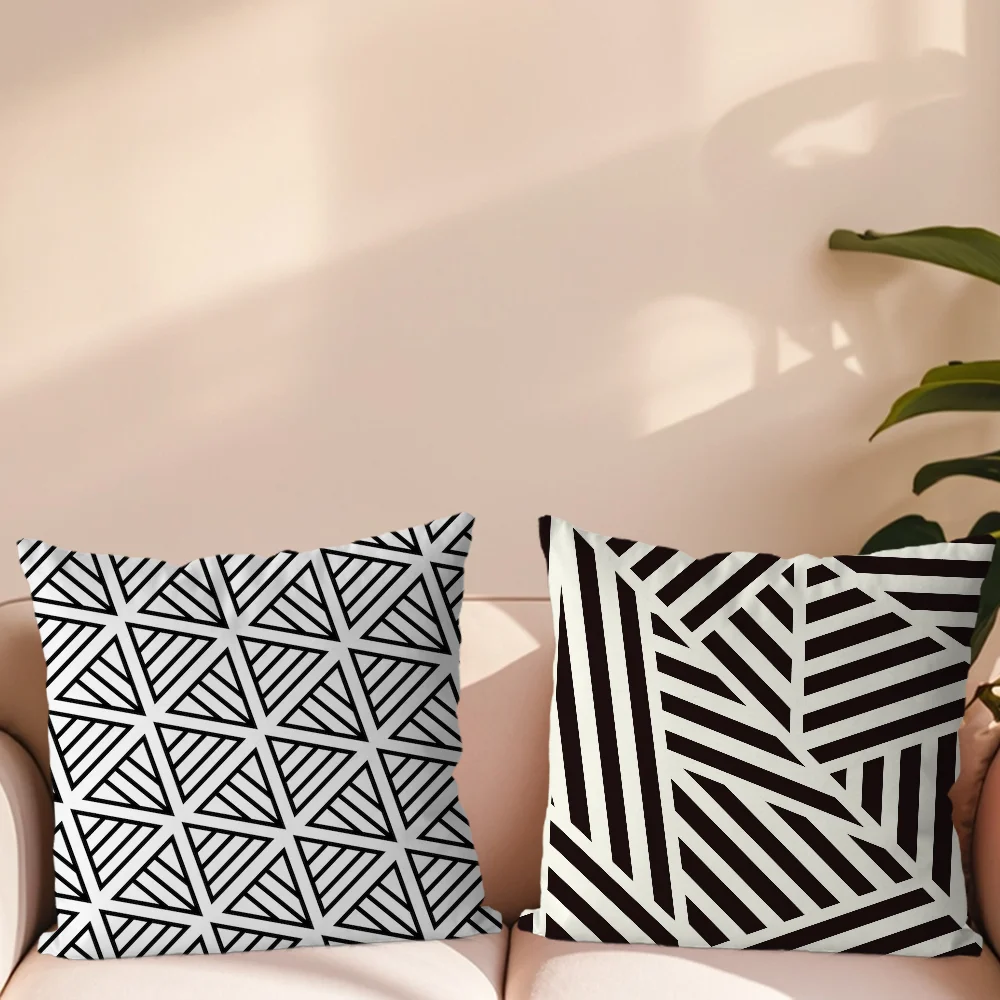 Black and White Geometric Line Pillow Case For Sofa Bedroom Living Room Office Bedside Table Backrest Cushion Printing Square