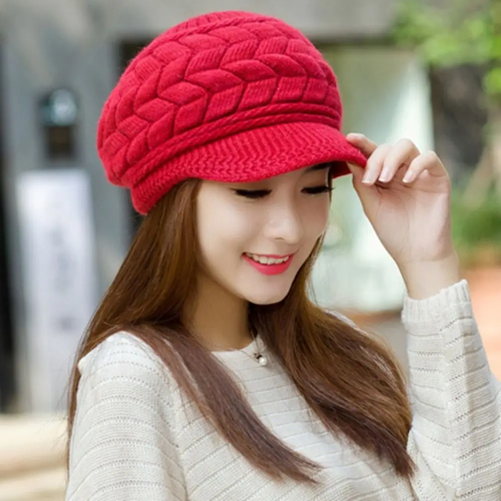 

Fashion Thicken Warm Striper Knitted Cap Winter Brim Caps Women Beret Cap Elastic Casual Thicken Knit Hat Outdoor