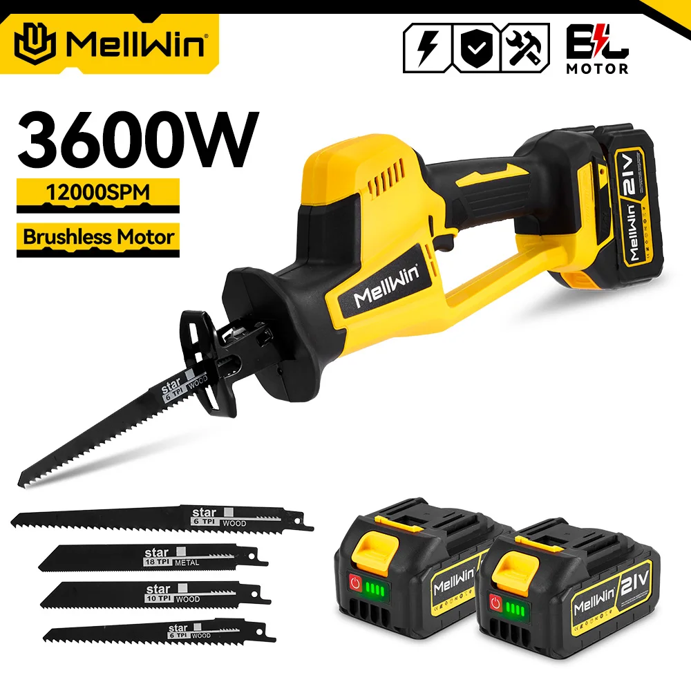 MELLWIN Bürstenlose Elektrische Säbelsäge 3600W Tragbare Schneidesäge mit 4 Sägeblättern für Holz, Metall, Gartenpflege, kompatibel mit Makita 18V Akku.