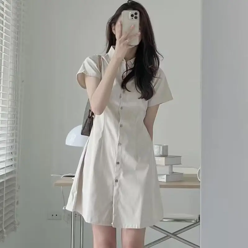 

Solid Color Women's Short Sleeve Polo Collar Shirt Dress Elegant Comfortable Casual Wear Spring Summer Fashion