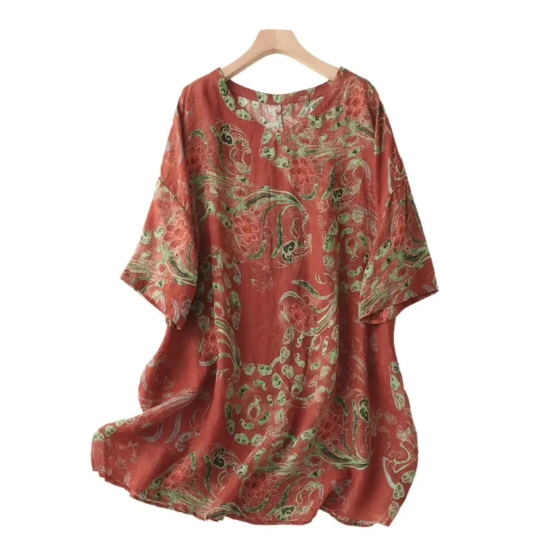 

Женский красный топ из рами и льна с цветочным принтом, V-образным вырезом, рукавом до локтя, свободного кроя, больших размеров, повседневный летний топ