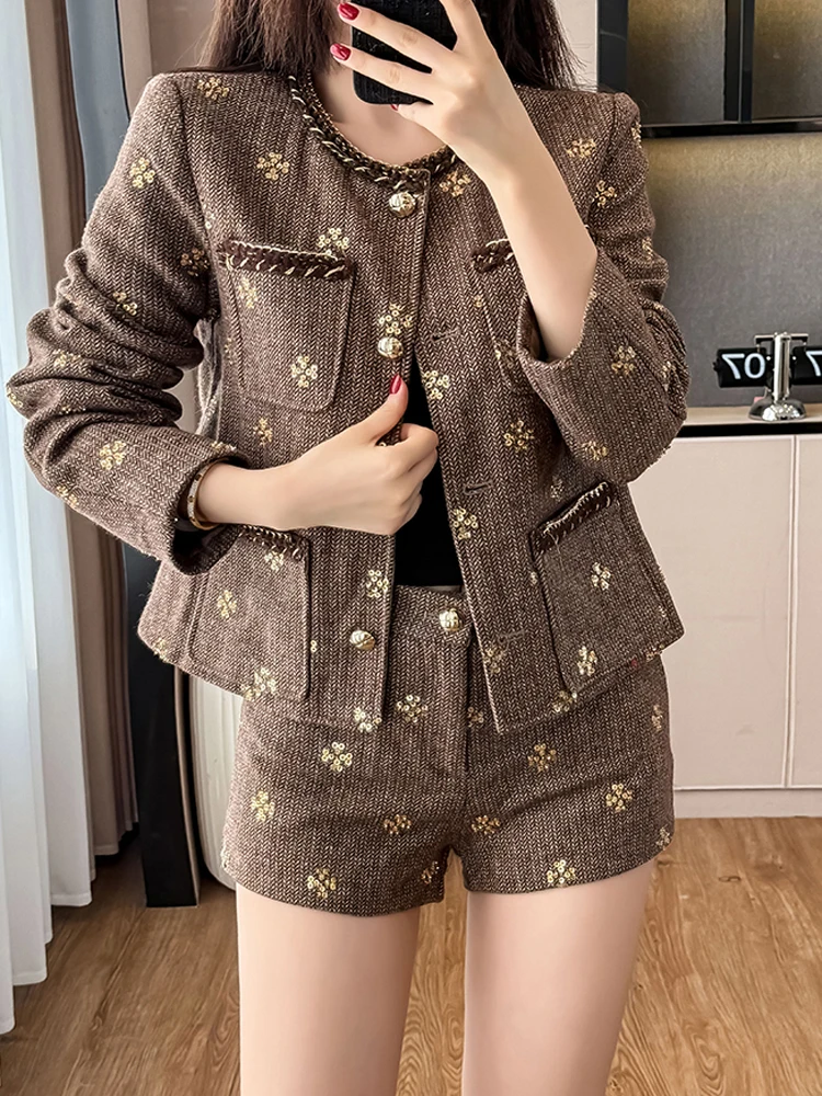 

High Quality Woman Elegant Two Pieces Set Fashion Sequined Tweed Long Sleeve Jacket Coat + High Waist Short Pants Outfits Female