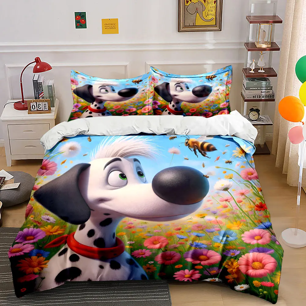 Dalmatian with Bees in Flower Field Pattern Duvet Cover Set Digital Print Colorful Polyester Bedding with Zipper Closur