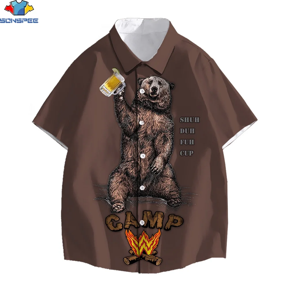 

SONSPEE 3D Print Hawaiian Men's Shirt Funny Brown Bear Beach Campfire Camping Travel Summer Bar Beer Fashion Casual Trend Shirts