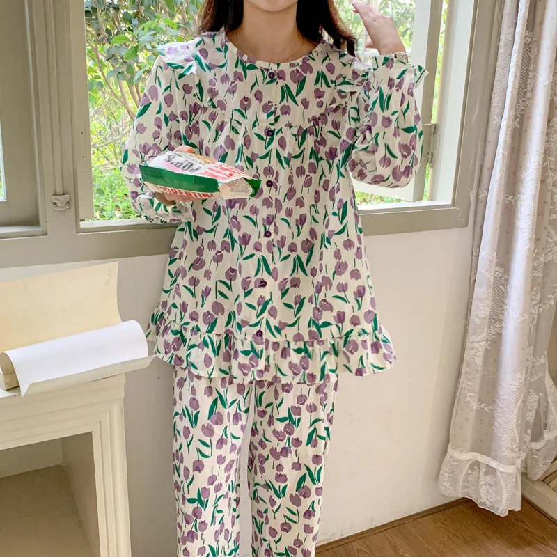 

Soft Floral Tulip Spring Summer O-Neck Korean Print Home Pajamas Set Women Long Sleeve Ins Kawaii Sweet Princess Elegant Casual