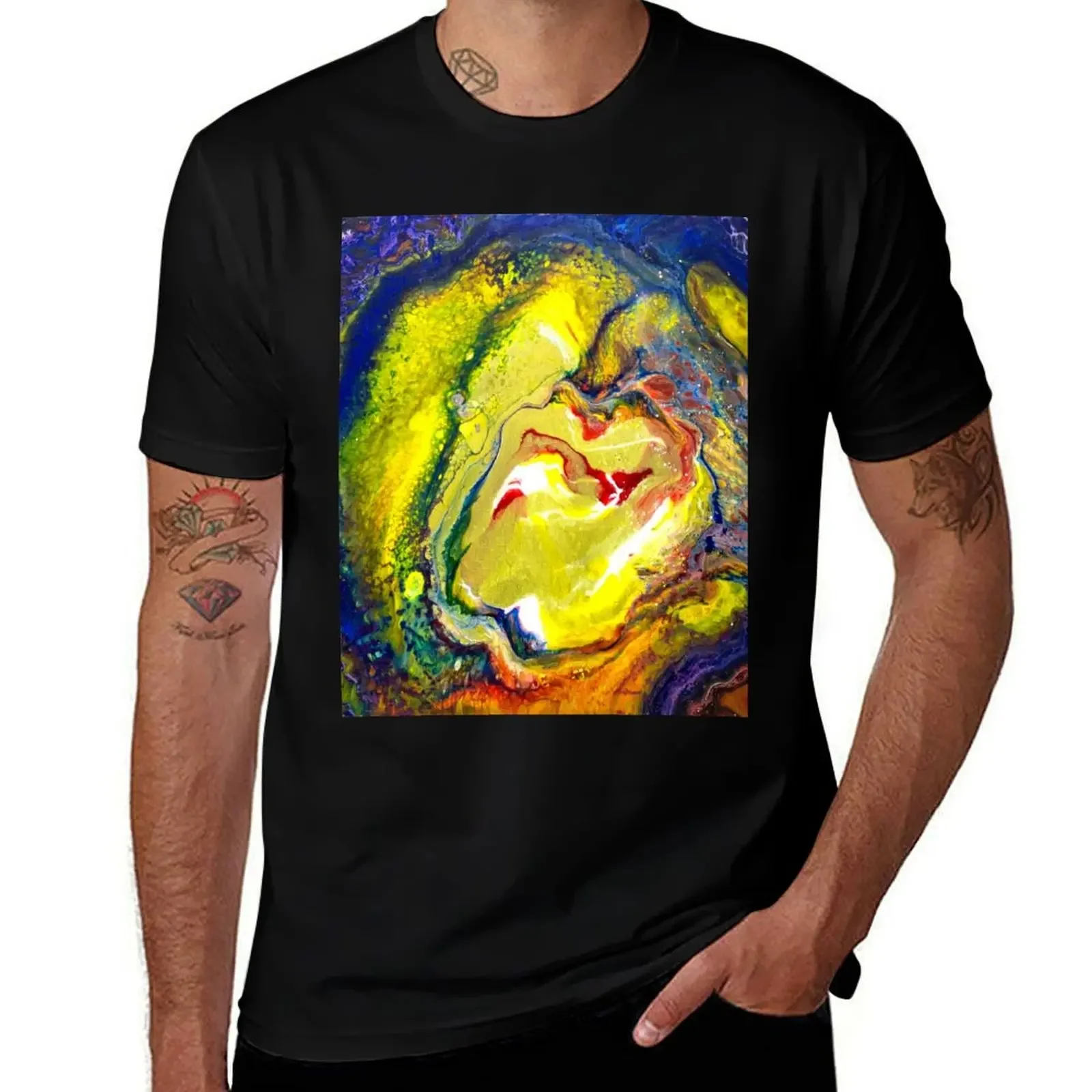 Fluid Abstract Acrylic Painting Yellow Marble T-Shirt summer top aesthetic clothes graphic shirts quick drying mens clothes