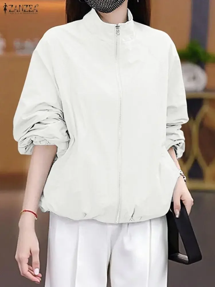 

ZANZEA Fashion Jakctes Long Sleeve Women Stand Collar Zipper Elegant Streetwear Coats 2025 Autumn Pockets Casual Solid Outercoat