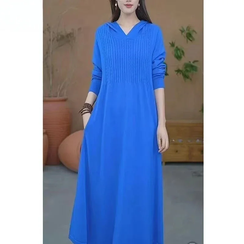 

2025 Spring New Loose Fit 5XL Long Sleeved Knit Sweater Dress Women Autumn Winter Vestidos Para Mujer Fashion Hooded Knit Dress