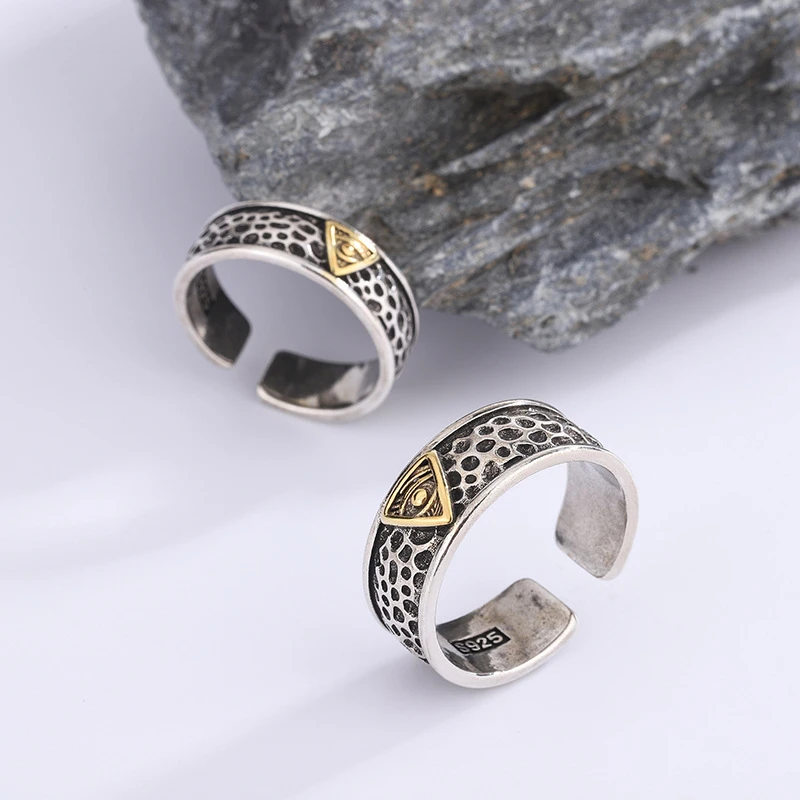 Sole Memory 925 Sterling Silver Retro Thai Silver Eye of God Male Female Resizable Opening Rings RI1118