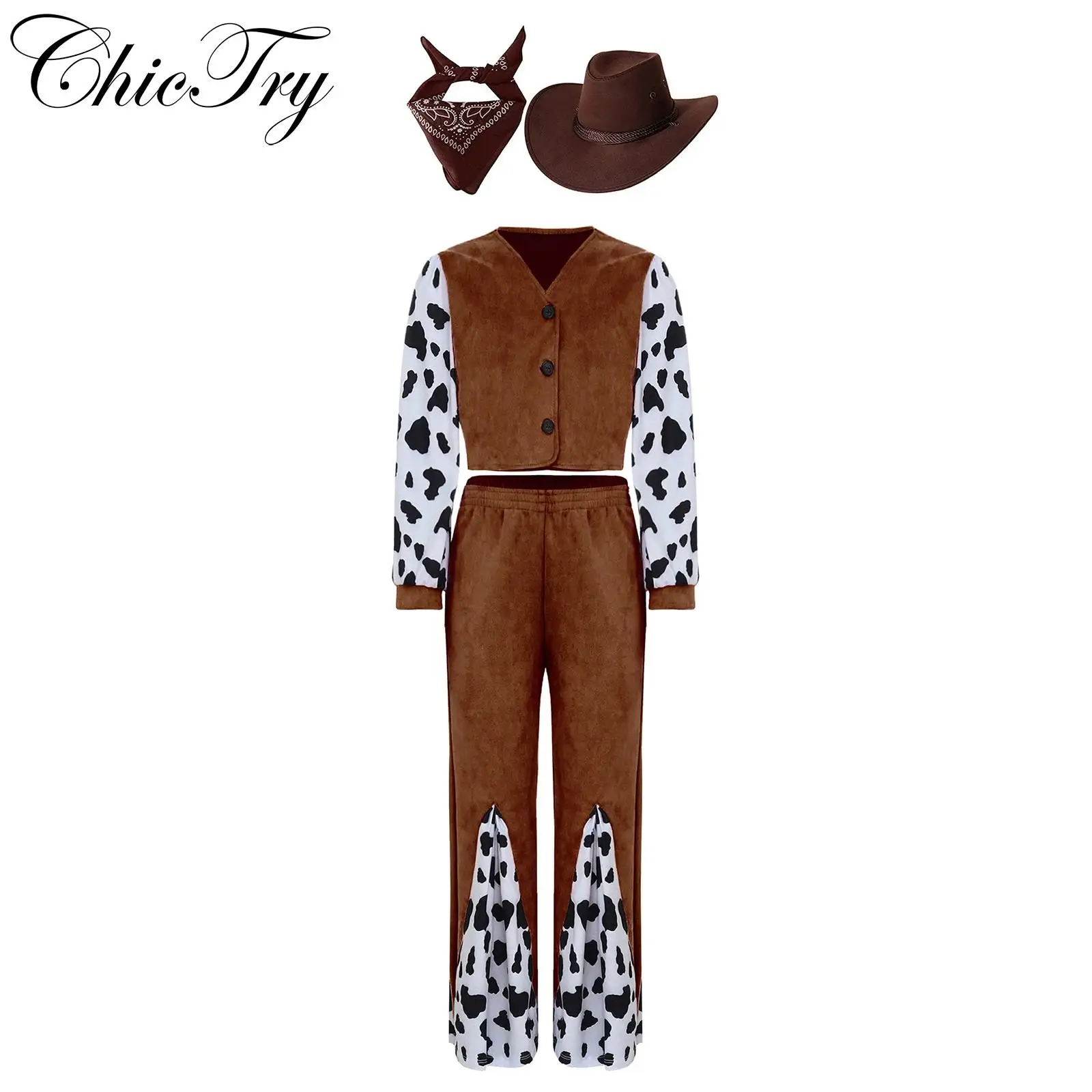 

4Pcs Kids Cowboy Cowgirl Roleplay Costume Long Sleeve Button Down Crop Top with Flare Pants Hat Bandana Set Carnival Dress Up