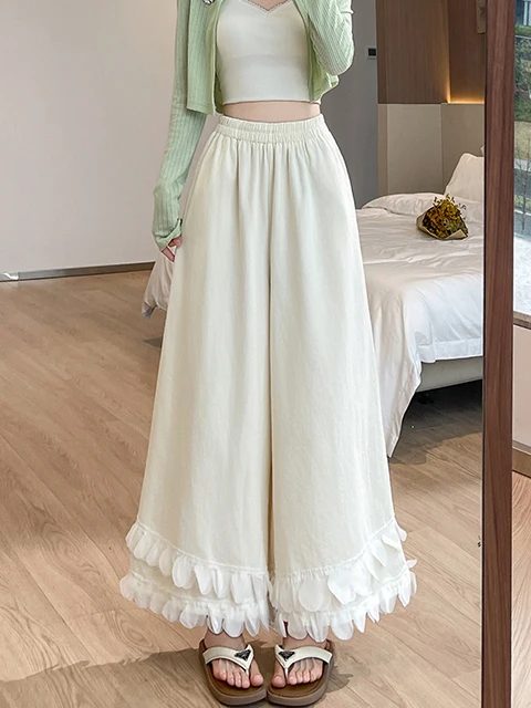 

Корейские дизайнерские брюки с бахромой и широкими штанинами для женщин, лето 2026, новинка, в стиле Lazy Style, укороченные, популярные, с высокой талией, из хлопка, повседневные