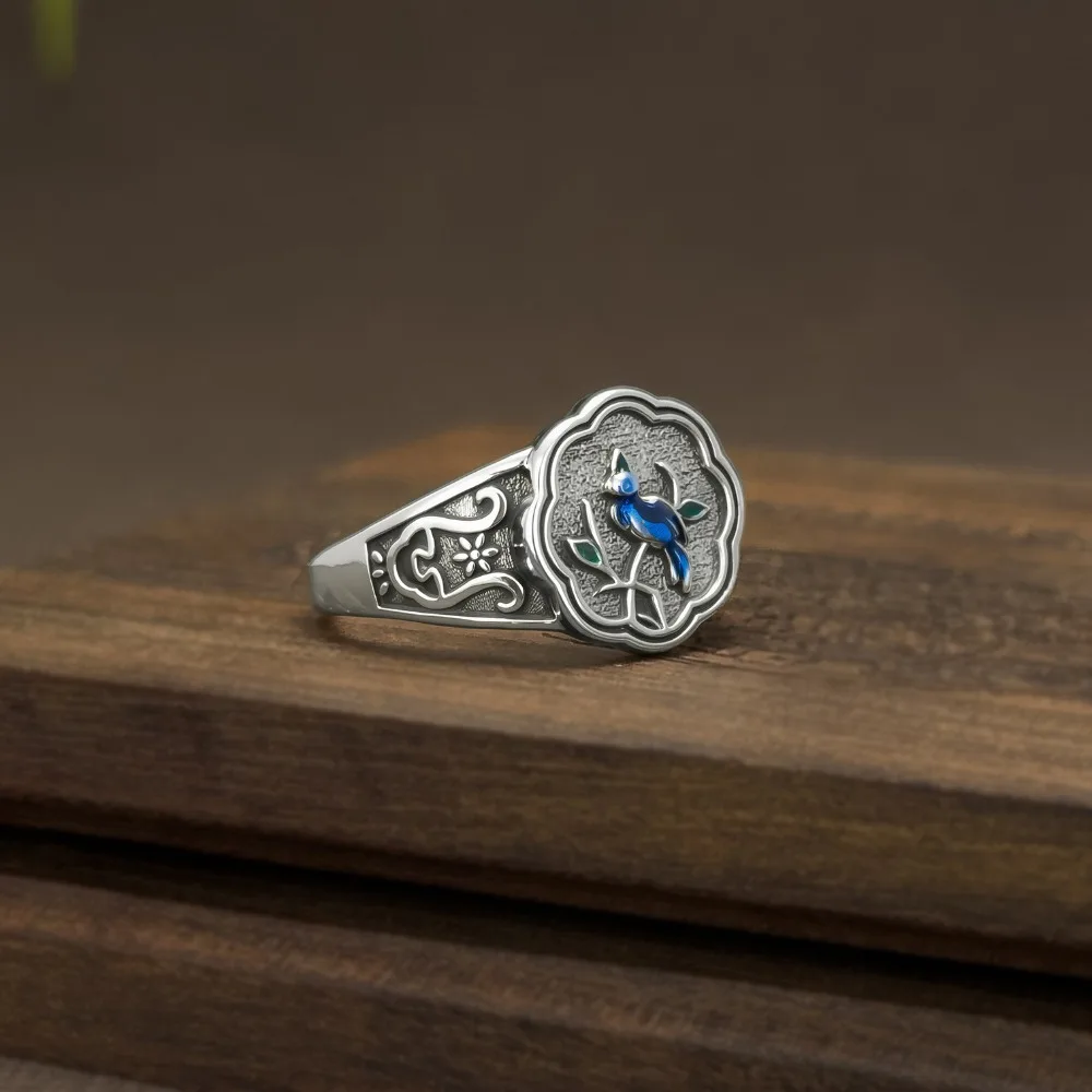925 Thai Silver Retro Enamel Blue Magpie Plum Blossom rings for women Simple Opening Flower Ring Art Ethnic Style Jewelry Gift